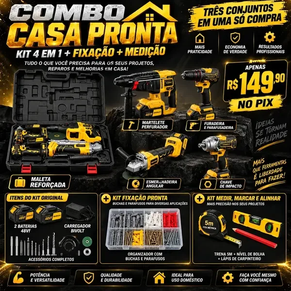 Combo Casa Pronta: Kit 4 em 1 48Vf + Fixação + Medir