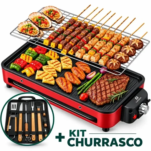 Churrasqueira Elétrica 2 em 1 Chapa e Grelha 1500W + Kit